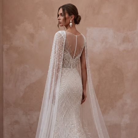 Seraphic Ivory Sequin Tulle Caped Gown for Engagement Gala - Apparel & Accessories > Clothing > Wedding & Bridal Party Dresses > Wedding Dresses - Mignonette Bridal