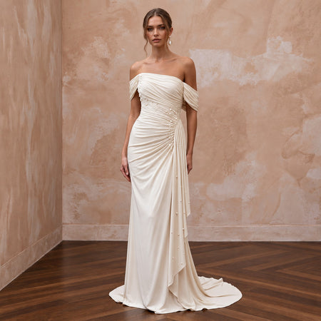 Serene Cream Bamboo Jersey Ruched Bridal Gown for Rehearsal Dinner