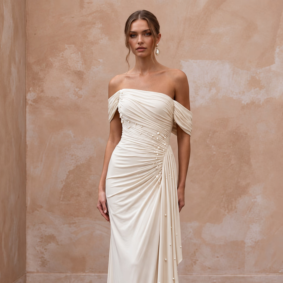 Serene Cream Bamboo Jersey Ruched Bridal Gown for Rehearsal Dinner