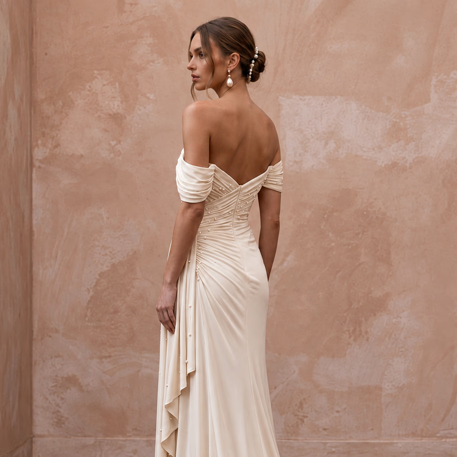 Serene Cream Bamboo Jersey Ruched Bridal Gown for Rehearsal Dinner