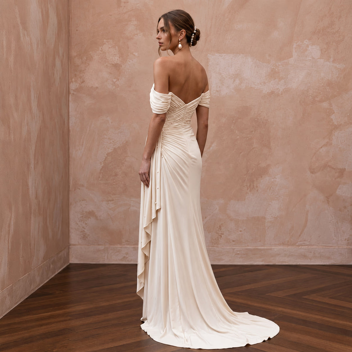 Serene Cream Bamboo Jersey Ruched Bridal Gown for Rehearsal Dinner