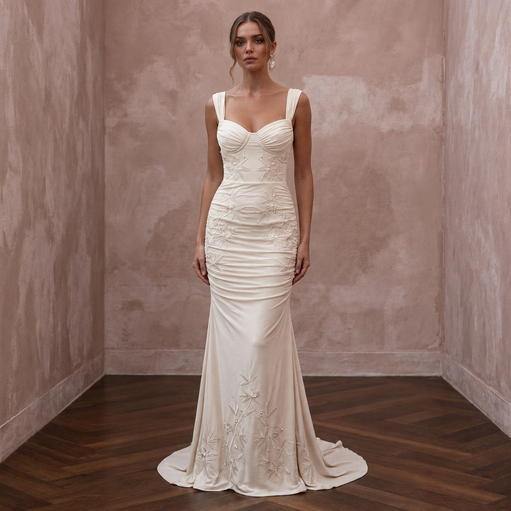 Serene Cream Bamboo Jersey Ruched Dress for Rehearsal Dinner - Apparel & Accessories > Clothing > Wedding & Bridal Party Dresses > Wedding Dresses - Mignonette Bridal