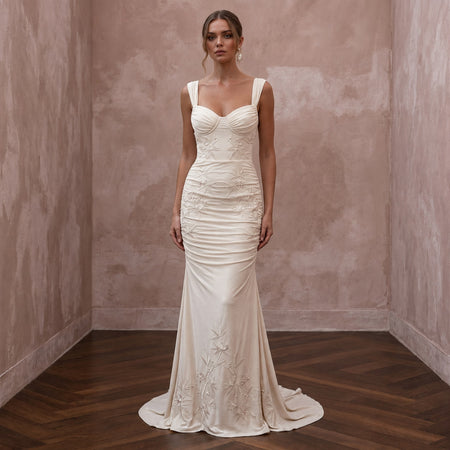 Serene Cream Bamboo Jersey Ruched Dress for Rehearsal Dinner - Apparel & Accessories > Clothing > Wedding & Bridal Party Dresses > Wedding Dresses - Mignonette Bridal