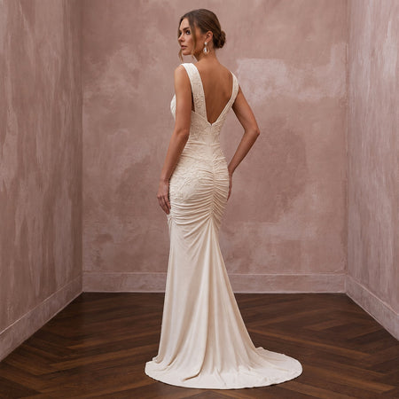 Serene Cream Bamboo Jersey Ruched Dress for Rehearsal Dinner - Apparel & Accessories > Clothing > Wedding & Bridal Party Dresses > Wedding Dresses - Mignonette Bridal