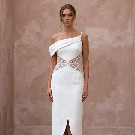 Sexy White Cutout Crepe Midi Wedding Dress for Beach Club Rehearsal