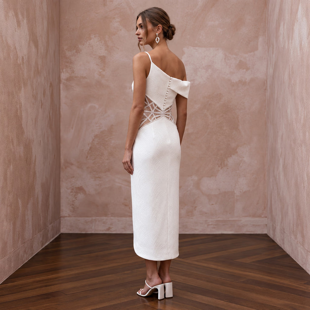 Sexy White Cutout Crepe Midi Wedding Dress for Beach Club Rehearsal