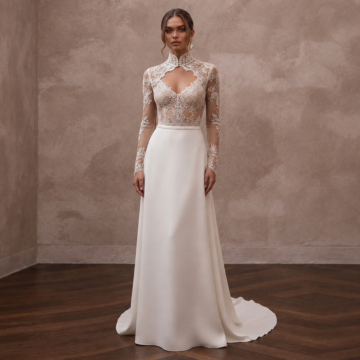 Sheer Nude Illusion Lace Bodysuit & Crepe Skirt for Second Wedding - Apparel & Accessories > Clothing > Wedding & Bridal Party Dresses > Wedding Dresses - Mignonette Bridal Main image