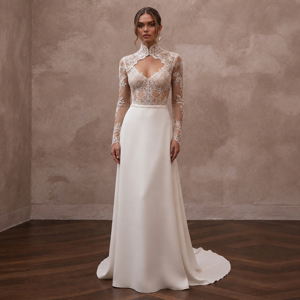 Sheer Nude Illusion Lace Bodysuit & Crepe Skirt for Second Wedding - Apparel & Accessories > Clothing > Wedding & Bridal Party Dresses > Wedding Dresses - Mignonette Bridal