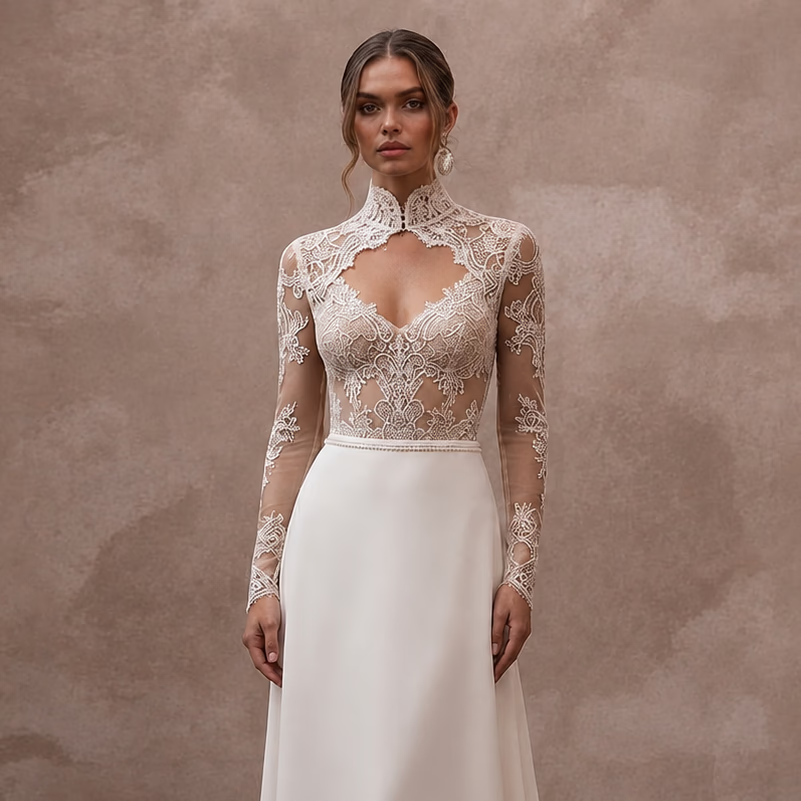 Sheer Nude Illusion Lace Bodysuit & Crepe Skirt for Second Wedding - Apparel & Accessories > Clothing > Wedding & Bridal Party Dresses > Wedding Dresses - Mignonette Bridal