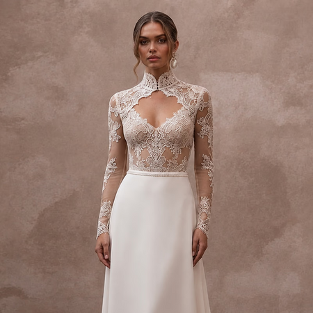 Sheer Nude Illusion Lace Bodysuit & Crepe Skirt for Second Wedding - Apparel & Accessories > Clothing > Wedding & Bridal Party Dresses > Wedding Dresses - Mignonette Bridal