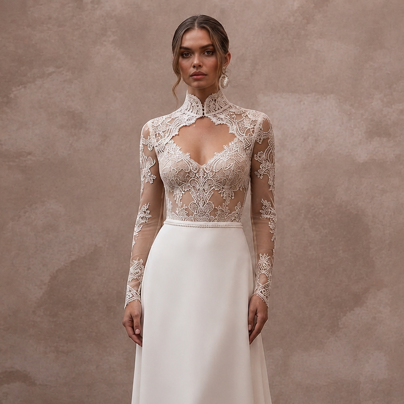 Sheer Nude Illusion Lace Bodysuit & Crepe Skirt for Second Wedding
