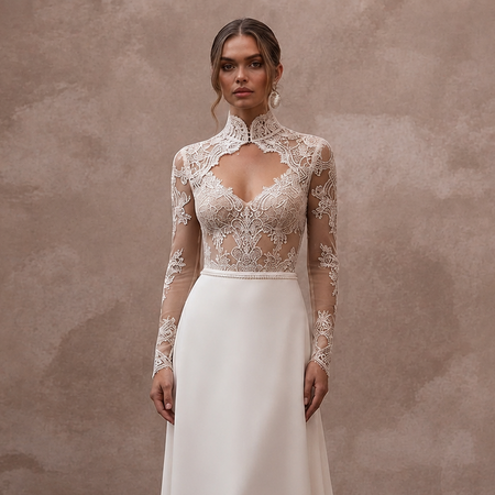 Sheer Nude Illusion Lace Bodysuit & Crepe Skirt for Second Wedding