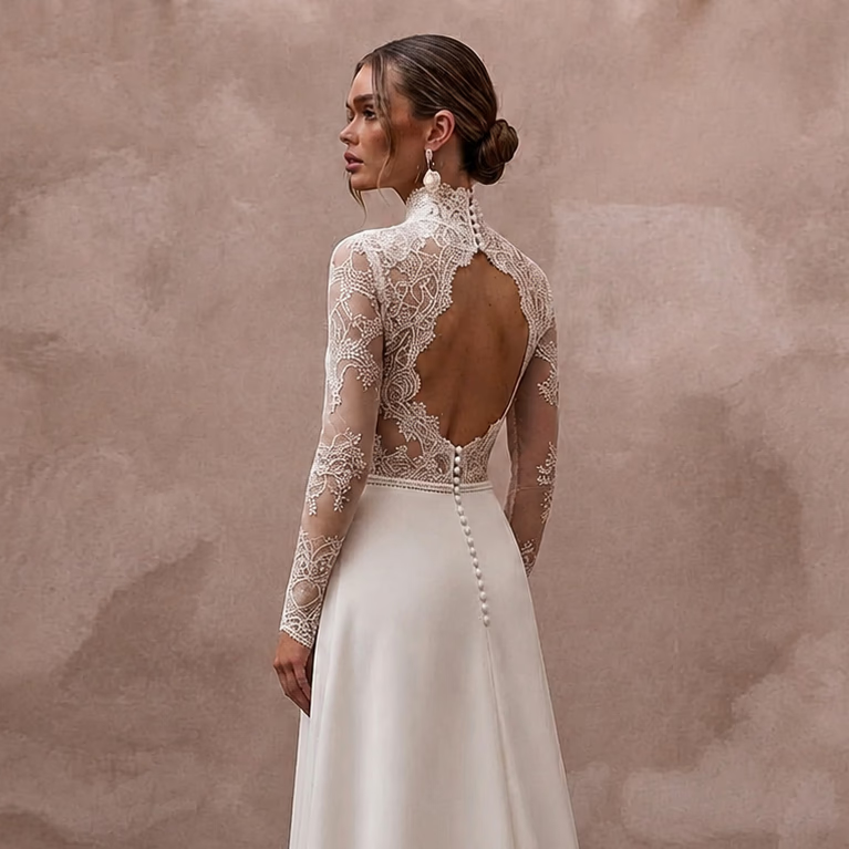 Sheer Nude Illusion Lace Bodysuit & Crepe Skirt for Second Wedding - Apparel & Accessories > Clothing > Wedding & Bridal Party Dresses > Wedding Dresses - Mignonette Bridal