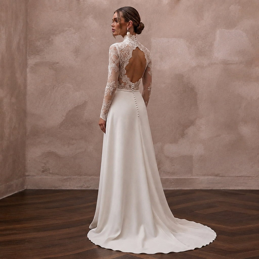 Sheer Nude Illusion Lace Bodysuit & Crepe Skirt for Second Wedding