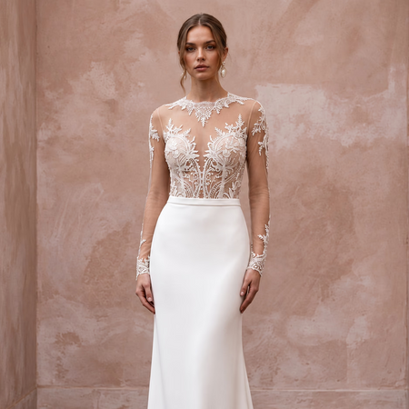 Sheer Nude Illusion Lace Bridal Bodysuit & Crepe Skirt for Second Wedding