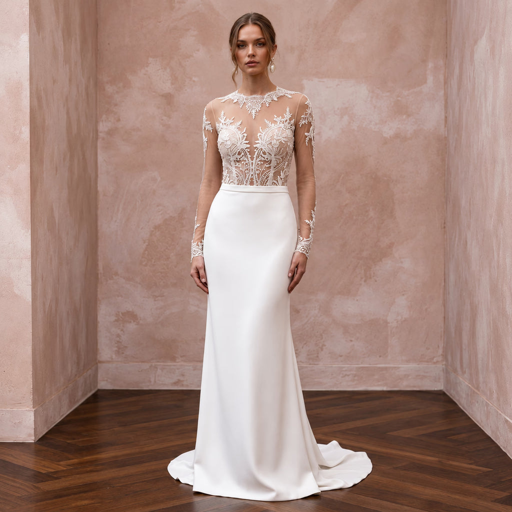 Sheer Nude Illusion Lace Bridal Bodysuit & Crepe Skirt for Second Wedding
