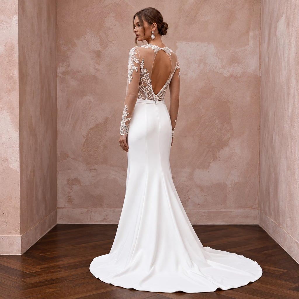Sheer Nude Illusion Lace Bridal Bodysuit & Crepe Skirt for Second Wedding