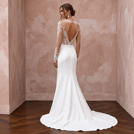 Sheer Nude Illusion Lace Bridal Bodysuit & Crepe Skirt for Second Wedding