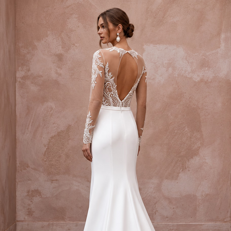 Sheer Nude Illusion Lace Bridal Bodysuit & Crepe Skirt for Second Wedding