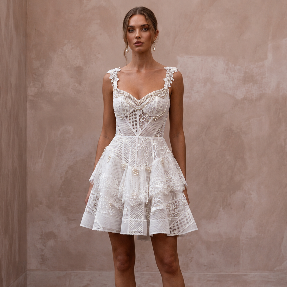 Short Lace Wedding Dress for a Courthouse Ceremony - Apparel & Accessories > Clothing > Wedding & Bridal Party Dresses > Wedding Dresses - Mignonette Bridal