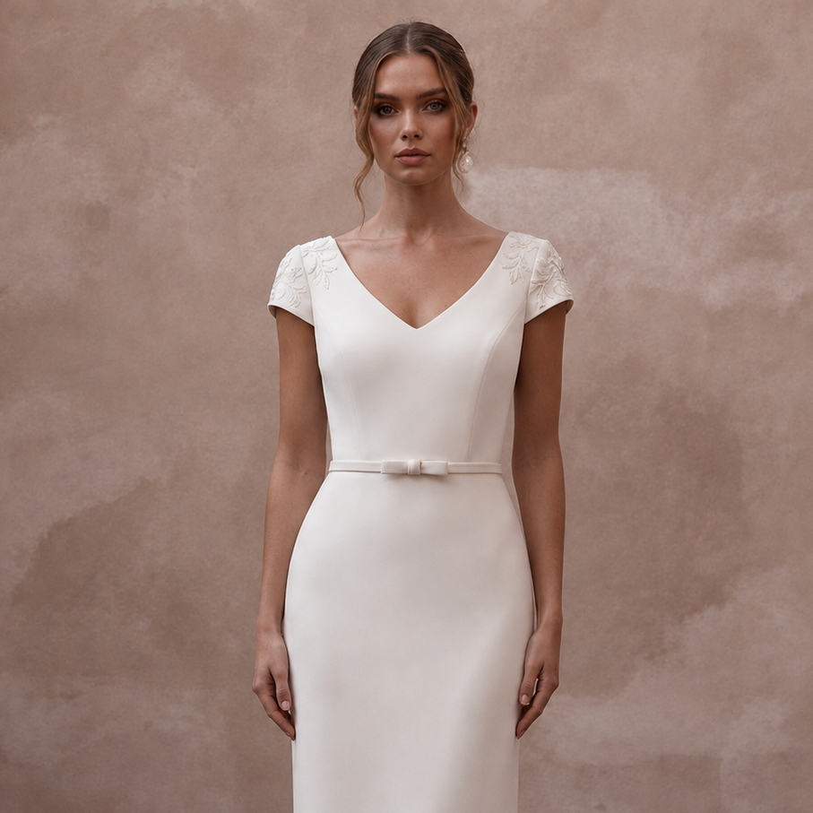 Short Sleeve Crepe Wedding Dress for a Small Wedding Ceremony