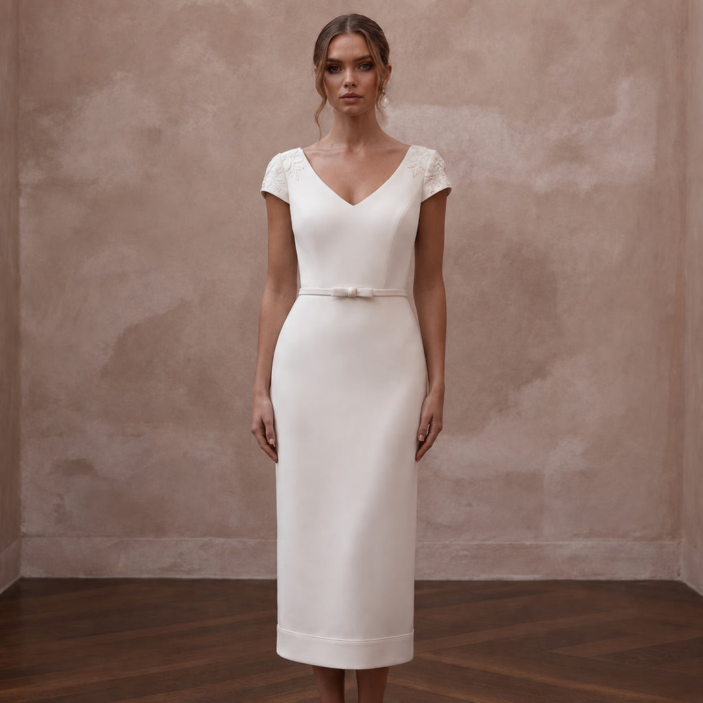 Short Sleeve Crepe Wedding Dress for a Small Wedding Ceremony