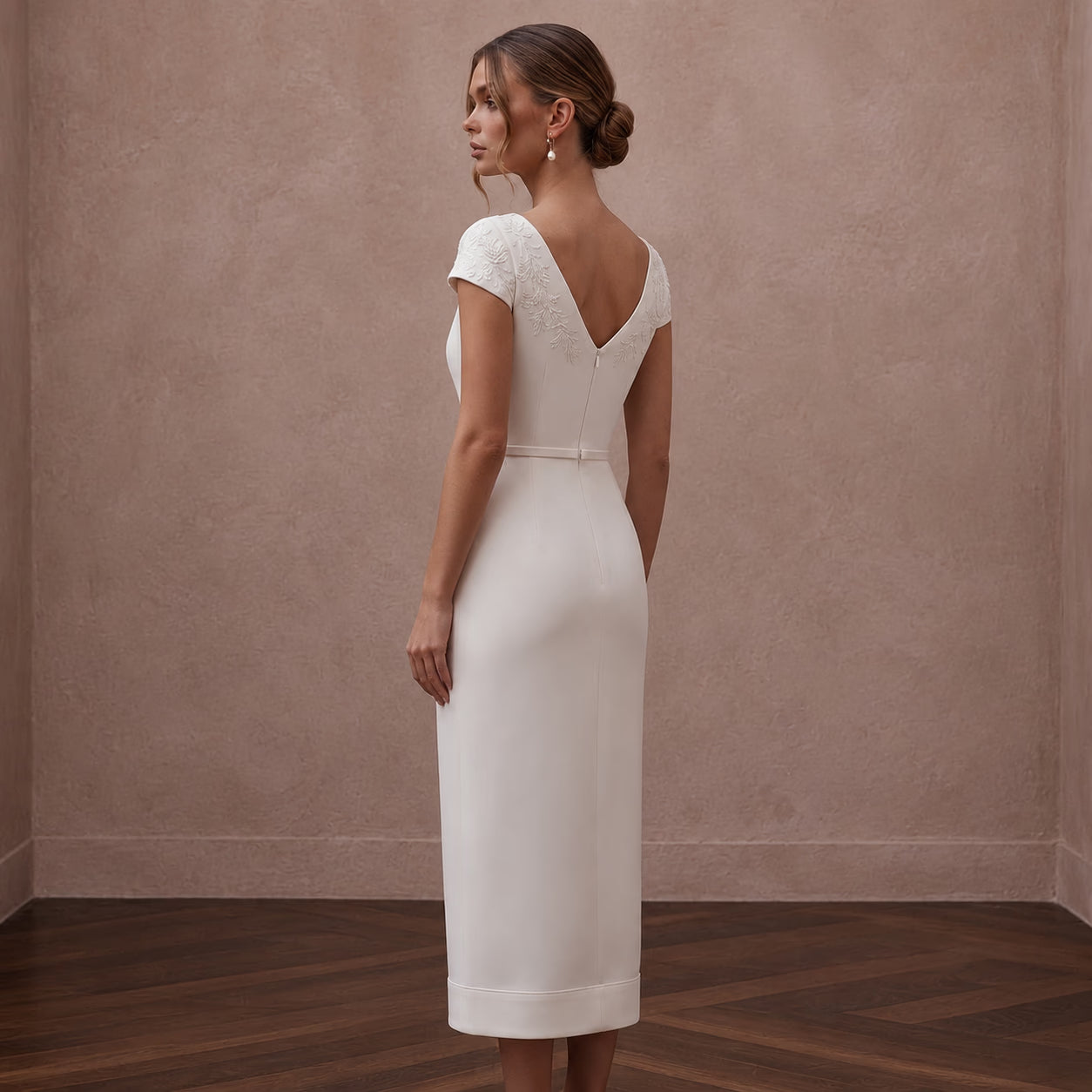 Short Sleeve Crepe Wedding Dress for a Small Wedding Ceremony