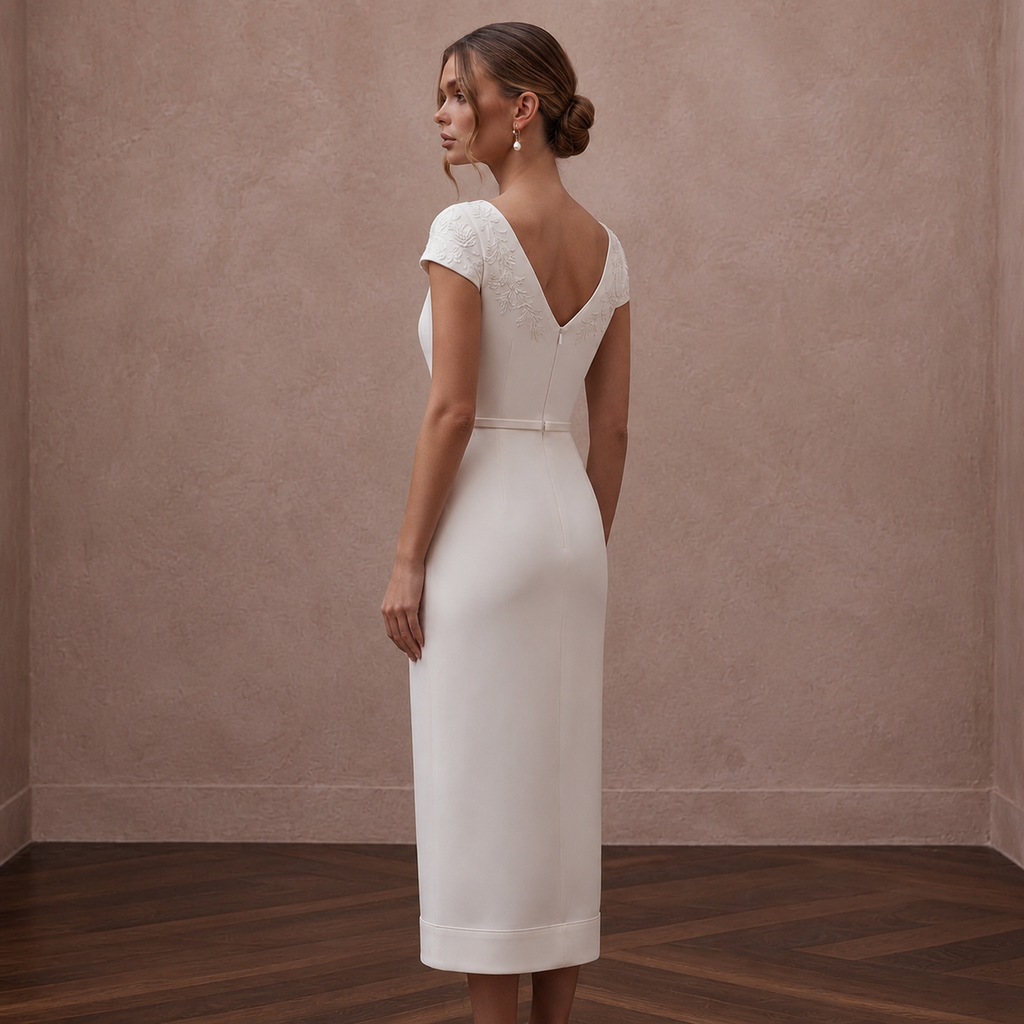 Short Sleeve Crepe Wedding Dress for a Small Wedding Ceremony