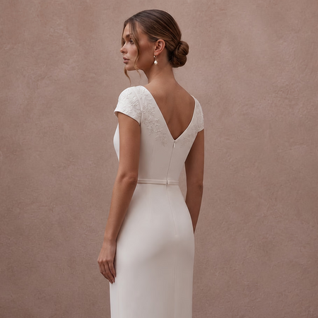 Short Sleeve Crepe Wedding Dress for a Small Wedding Ceremony