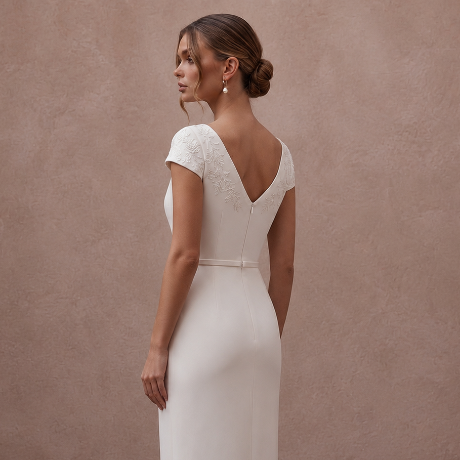 Short Sleeve Crepe Wedding Dress for a Small Wedding Ceremony