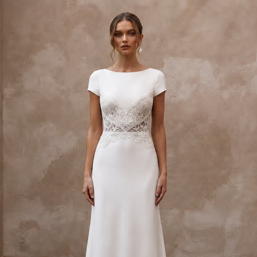 Short Sleeve Crepe Wedding Gown for a City Hall Ceremony