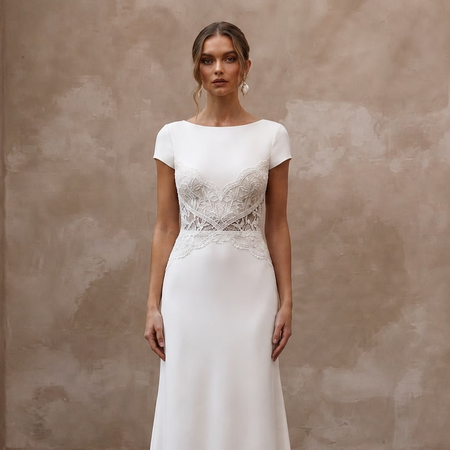 Short Sleeve Crepe Wedding Gown for a City Hall Ceremony