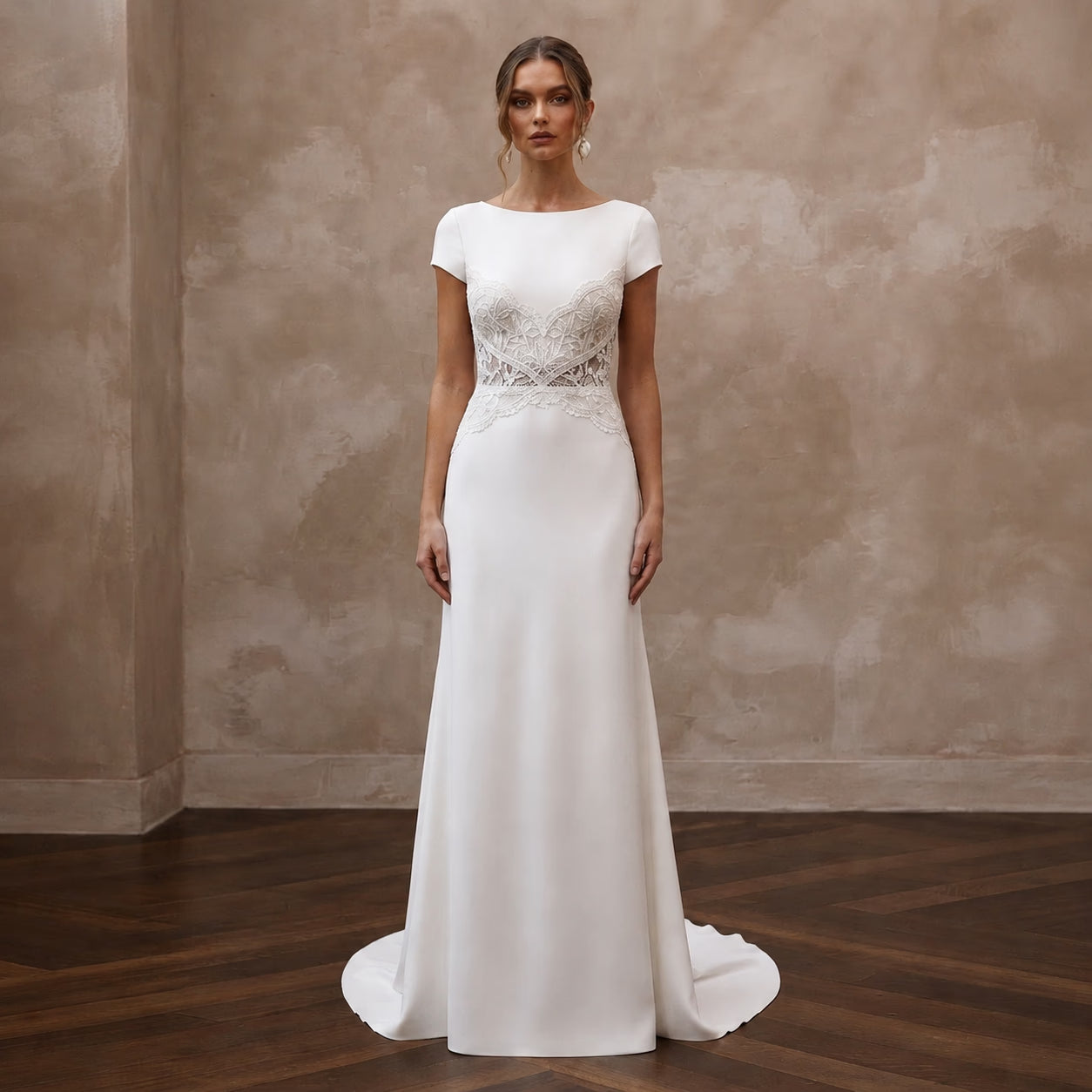 Short Sleeve Crepe Wedding Gown for a City Hall Ceremony