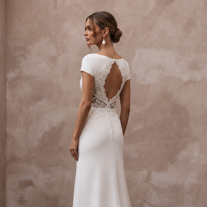 Short Sleeve Crepe Wedding Gown for a City Hall Ceremony