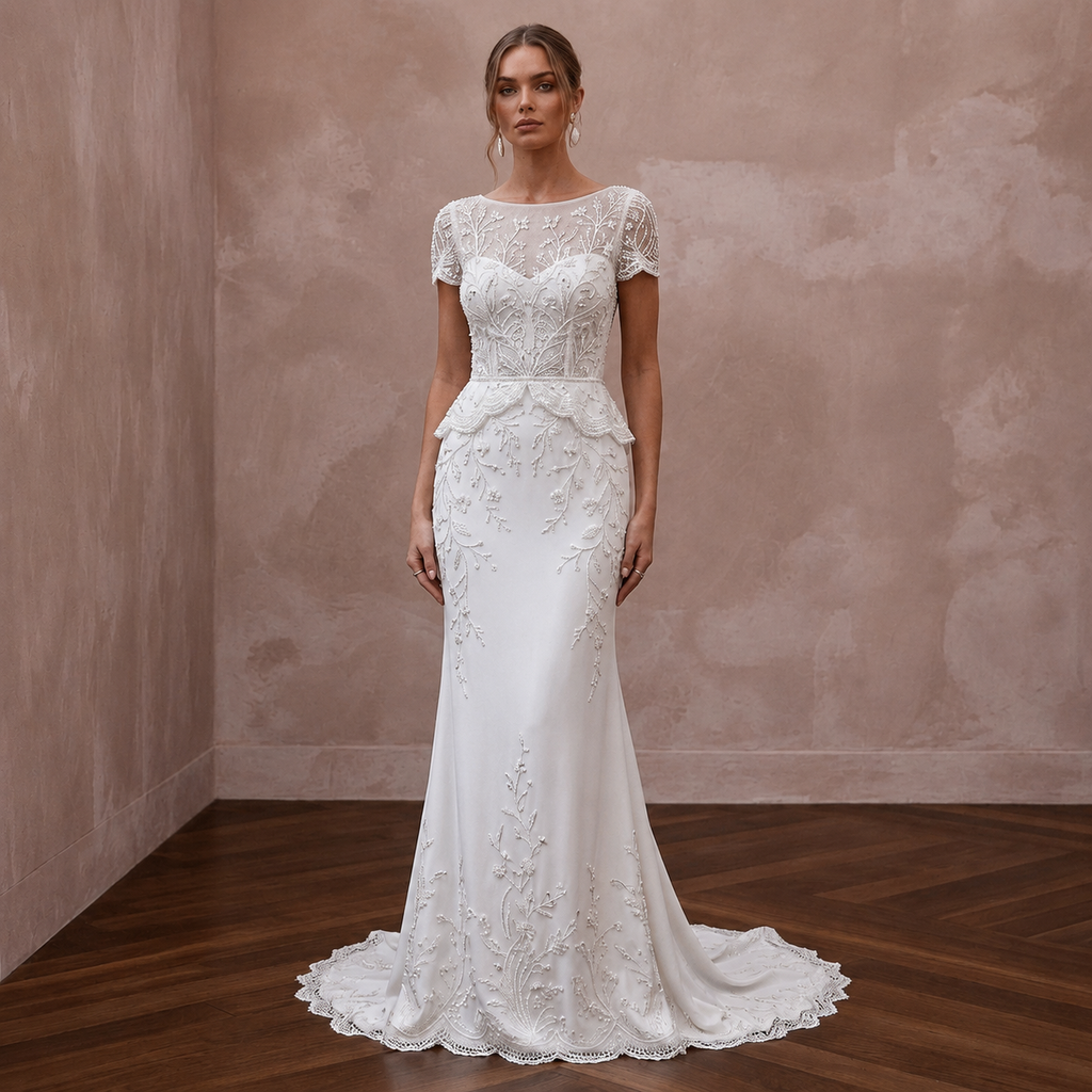 Short Sleeve Lace Reception Wedding Gown