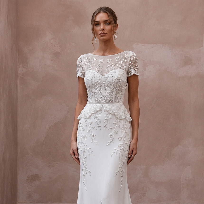 Short Sleeve Lace Reception Wedding Gown