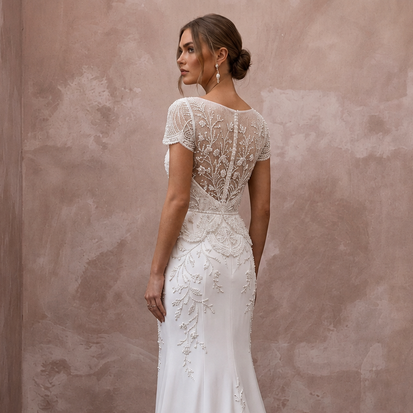 Short Sleeve Lace Reception Wedding Gown