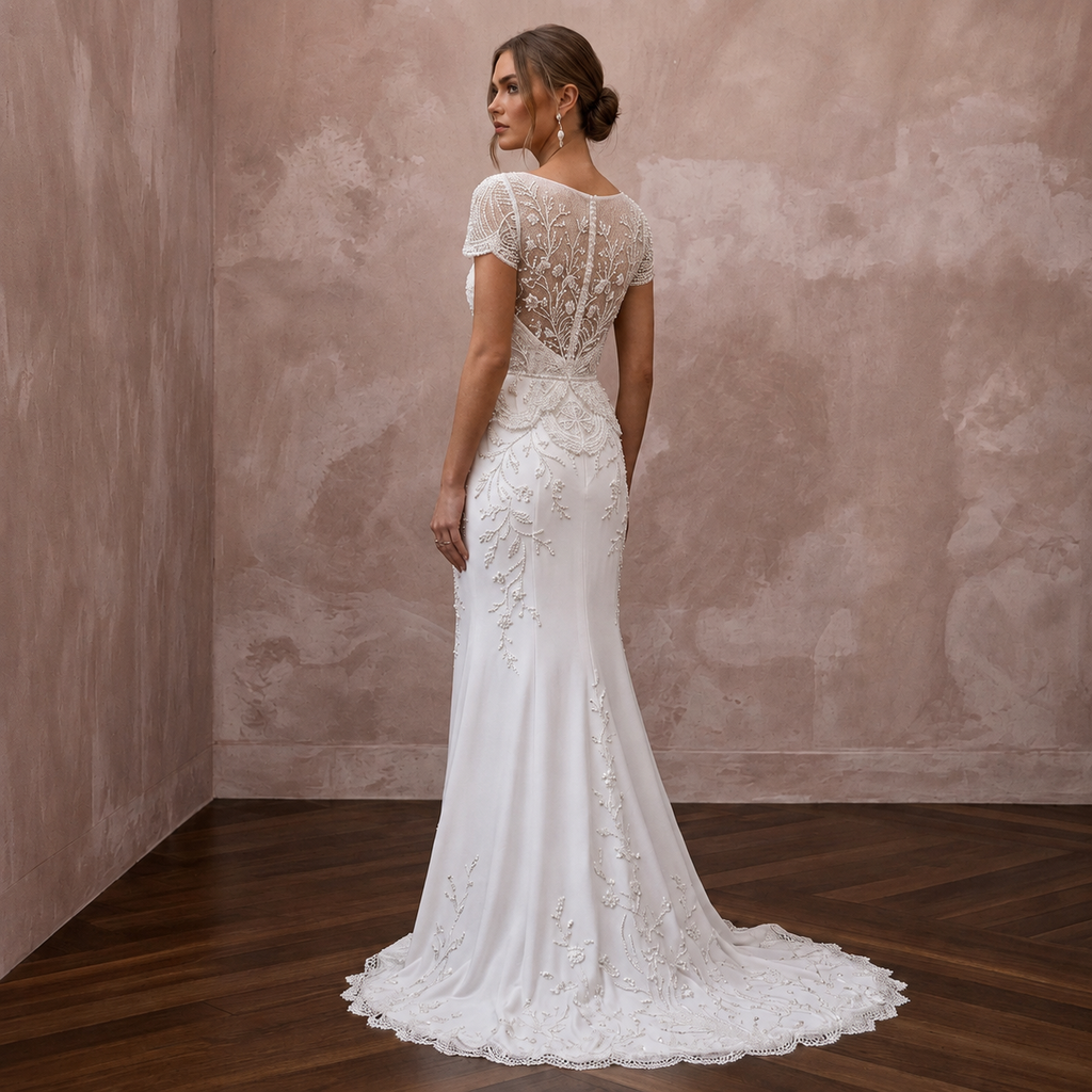Short Sleeve Lace Reception Wedding Gown