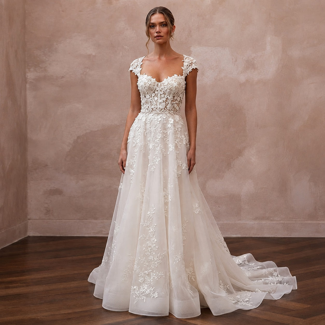 Short Sleeve Lace Wedding Dress for a Spring Wedding