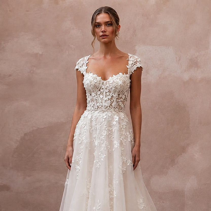 Short Sleeve Lace Wedding Dress for a Spring Wedding