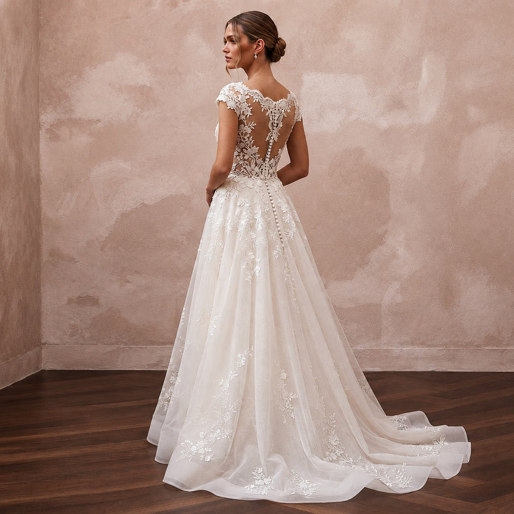 Short Sleeve Lace Wedding Dress for a Spring Wedding