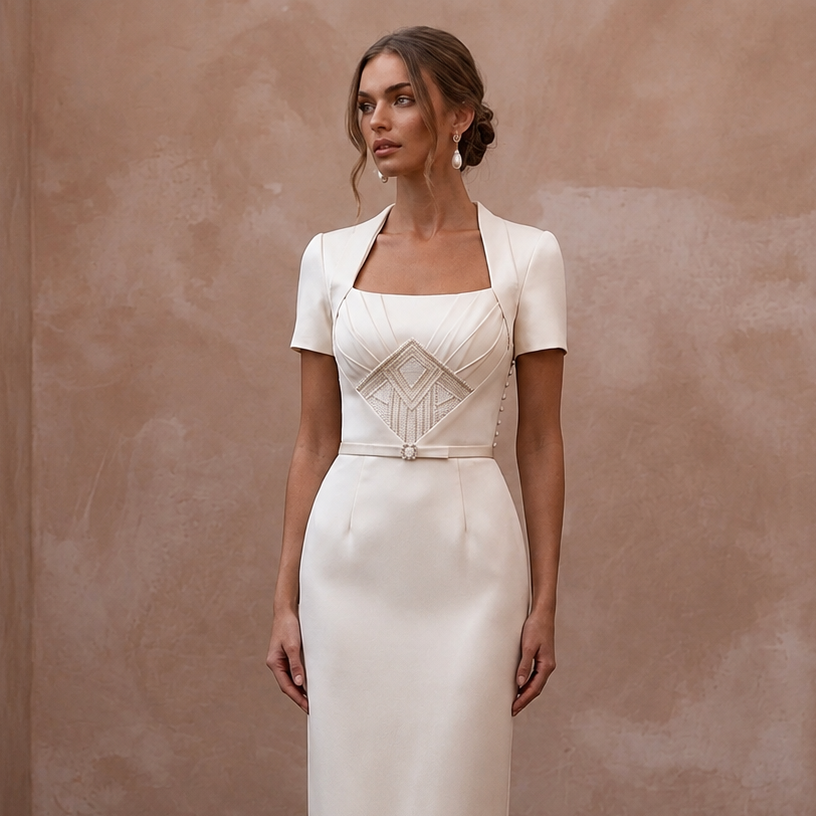 Short Sleeve Satin Wedding Dress for a Courthouse Wedding - Apparel & Accessories > Clothing > Wedding & Bridal Party Dresses > Wedding Dresses - Mignonette Bridal