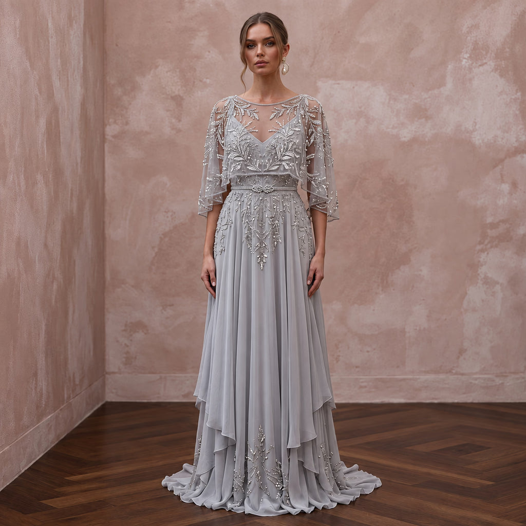 Silver Grey Chiffon Beaded Capelet Evening Gown for Mother of the Groom