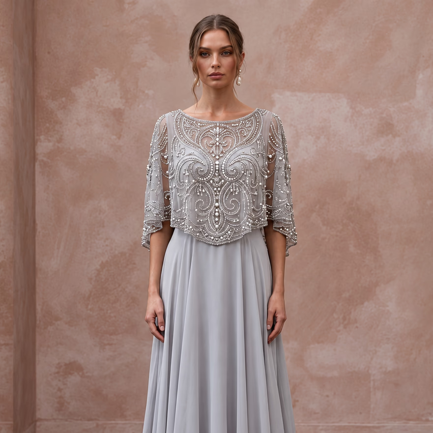 Silver Grey Chiffon Beaded Capelet Evening Gown for Mother of the Groom - Apparel & Accessories > Clothing > Wedding & Bridal Party Dresses > Wedding Dresses - Mignonette Bridal