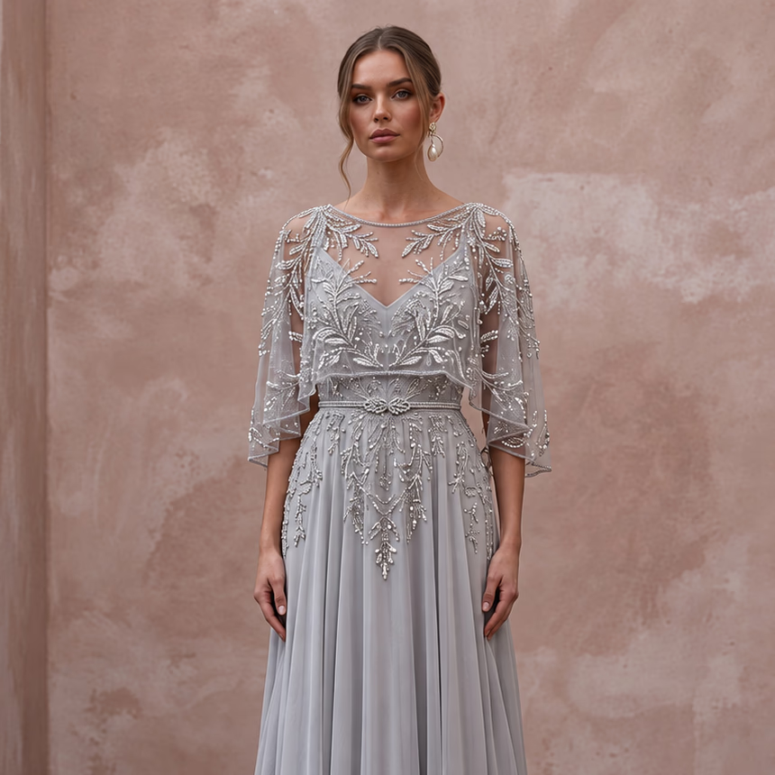 Silver Grey Chiffon Beaded Capelet Evening Gown for Mother of the Groom