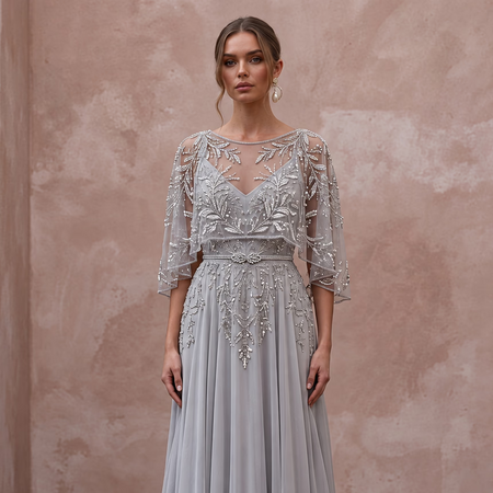 Silver Grey Chiffon Beaded Capelet Evening Gown for Mother of the Groom