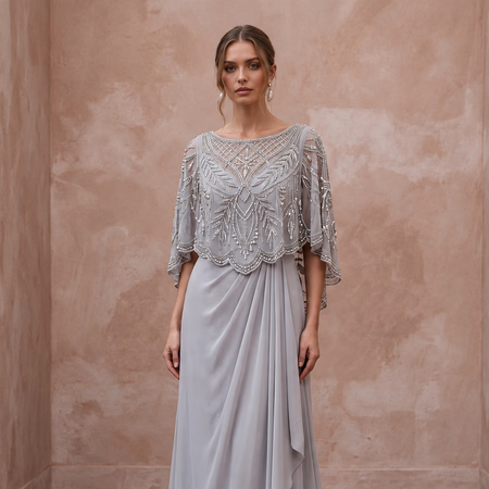 Silver Grey Chiffon Beaded Capelet Evening Gown for Mother of the Groom - Apparel & Accessories > Clothing > Wedding & Bridal Party Dresses > Wedding Dresses - Mignonette Bridal