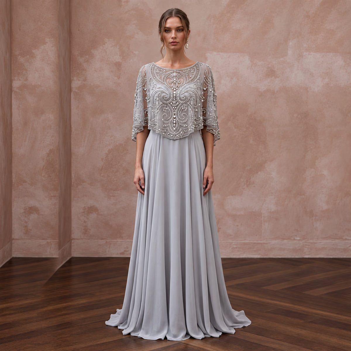 Silver Grey Chiffon Beaded Capelet Evening Gown for Mother of the Groom - Apparel & Accessories > Clothing > Wedding & Bridal Party Dresses > Wedding Dresses - Mignonette Bridal Main image