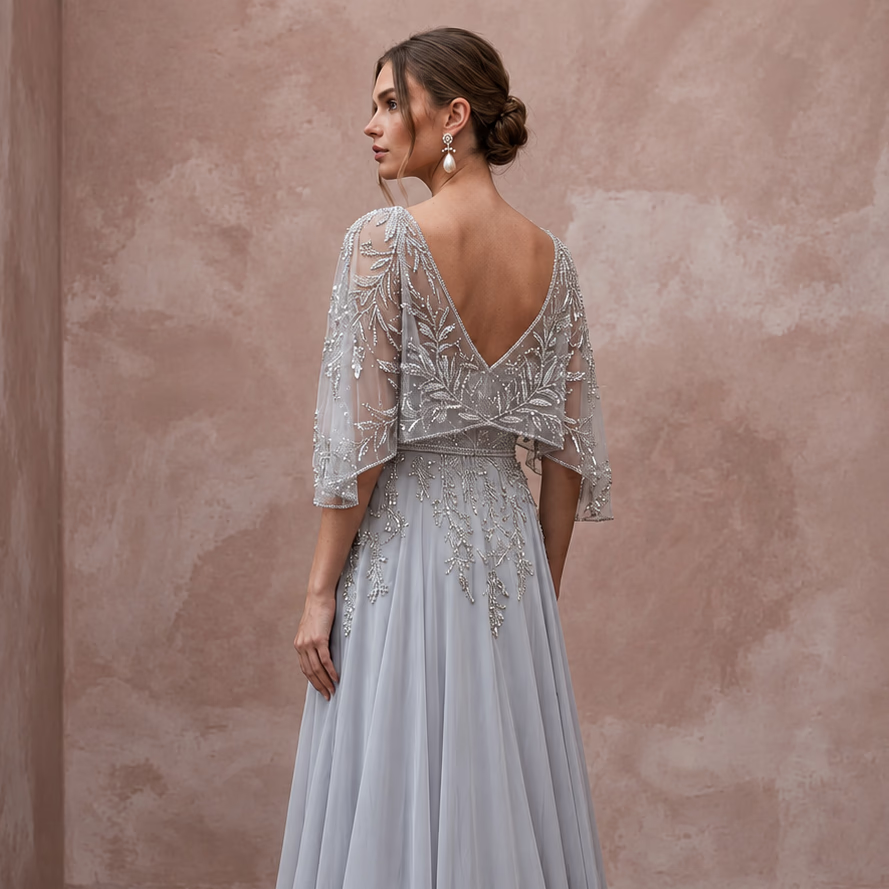Silver Grey Chiffon Beaded Capelet Evening Gown for Mother of the Groom