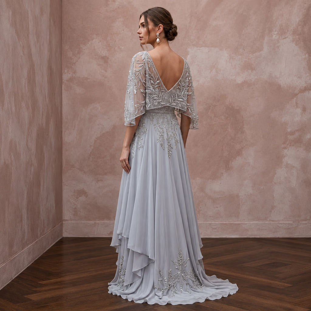 Silver Grey Chiffon Beaded Capelet Evening Gown for Mother of the Groom